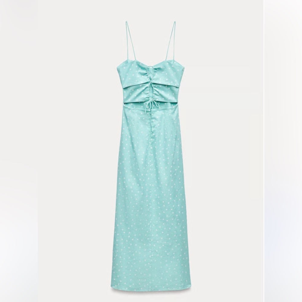 NWT Zara Linen Blend Polka Dot Midi Dress in Light Turquoise Size S - Picture 7 of 16